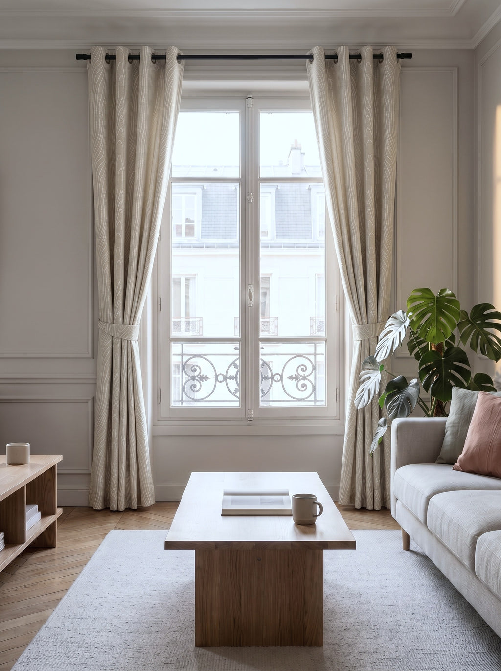 Rideau nervuré beige retenu de chaque côté d'une fenêtre de salon