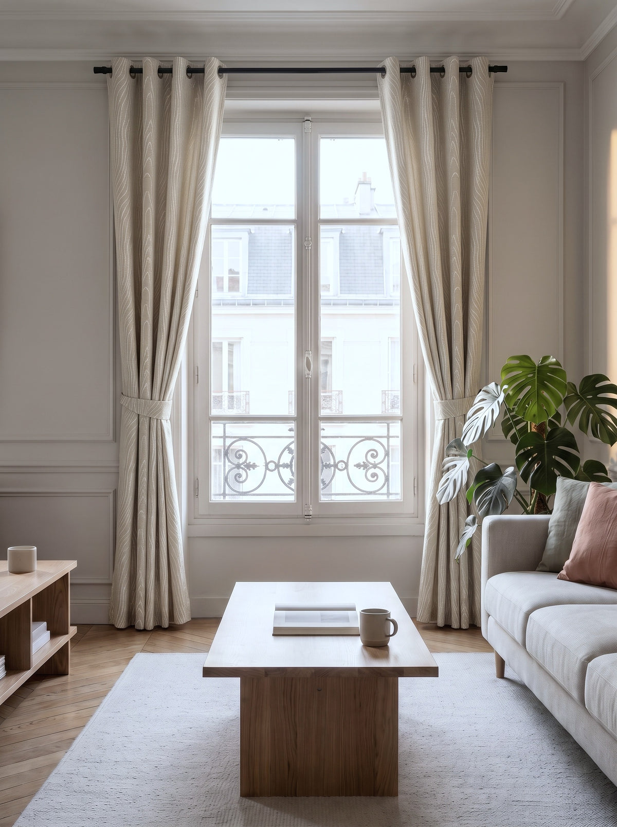 Rideau nervuré beige retenu de chaque côté d'une fenêtre de salon