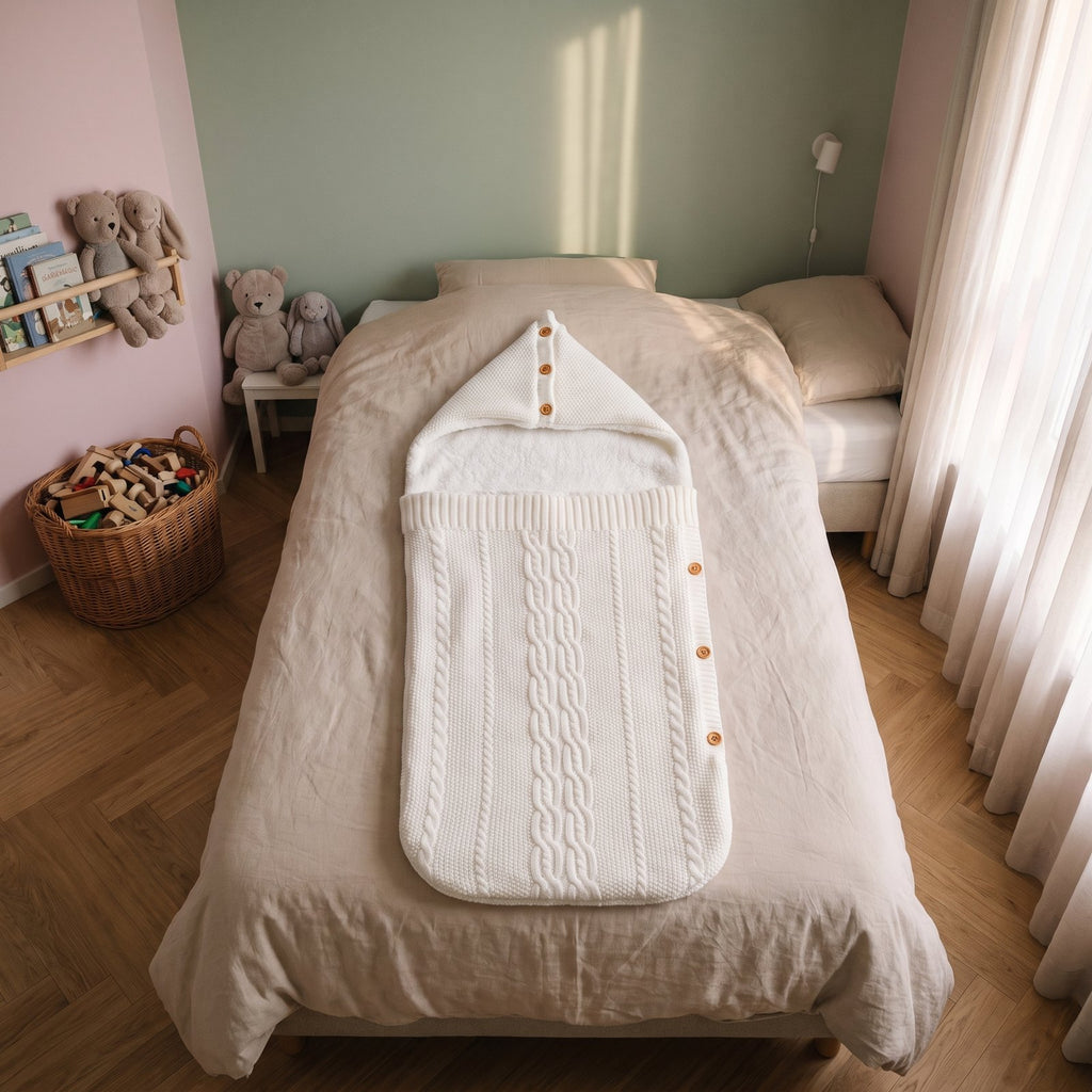 Gigoteuse bébé en tricot blanc posée sur un lit d'enfant