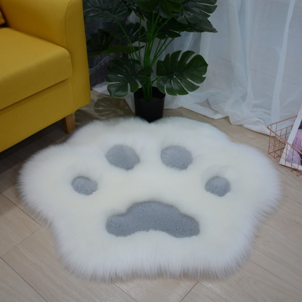 Tapis patte de chat coussinets bleus dans un salon
