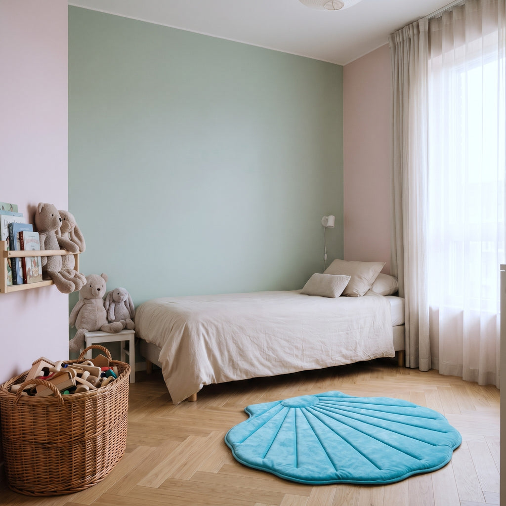 Tapis coquillage posé au pied d'un lit une place dans une chambre d'enfant