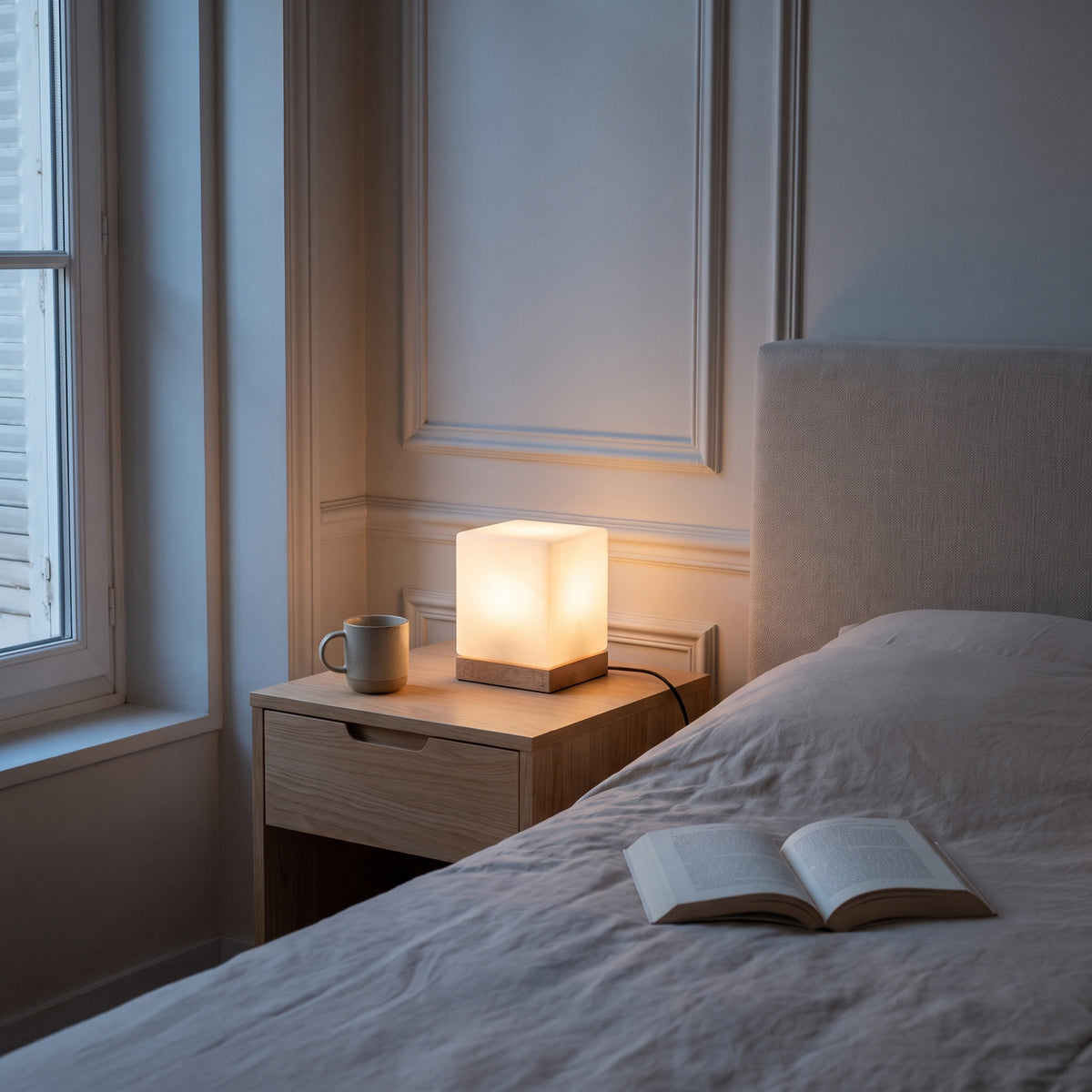 Lampe de chevet cube allumée dans une chambre en fin de journée