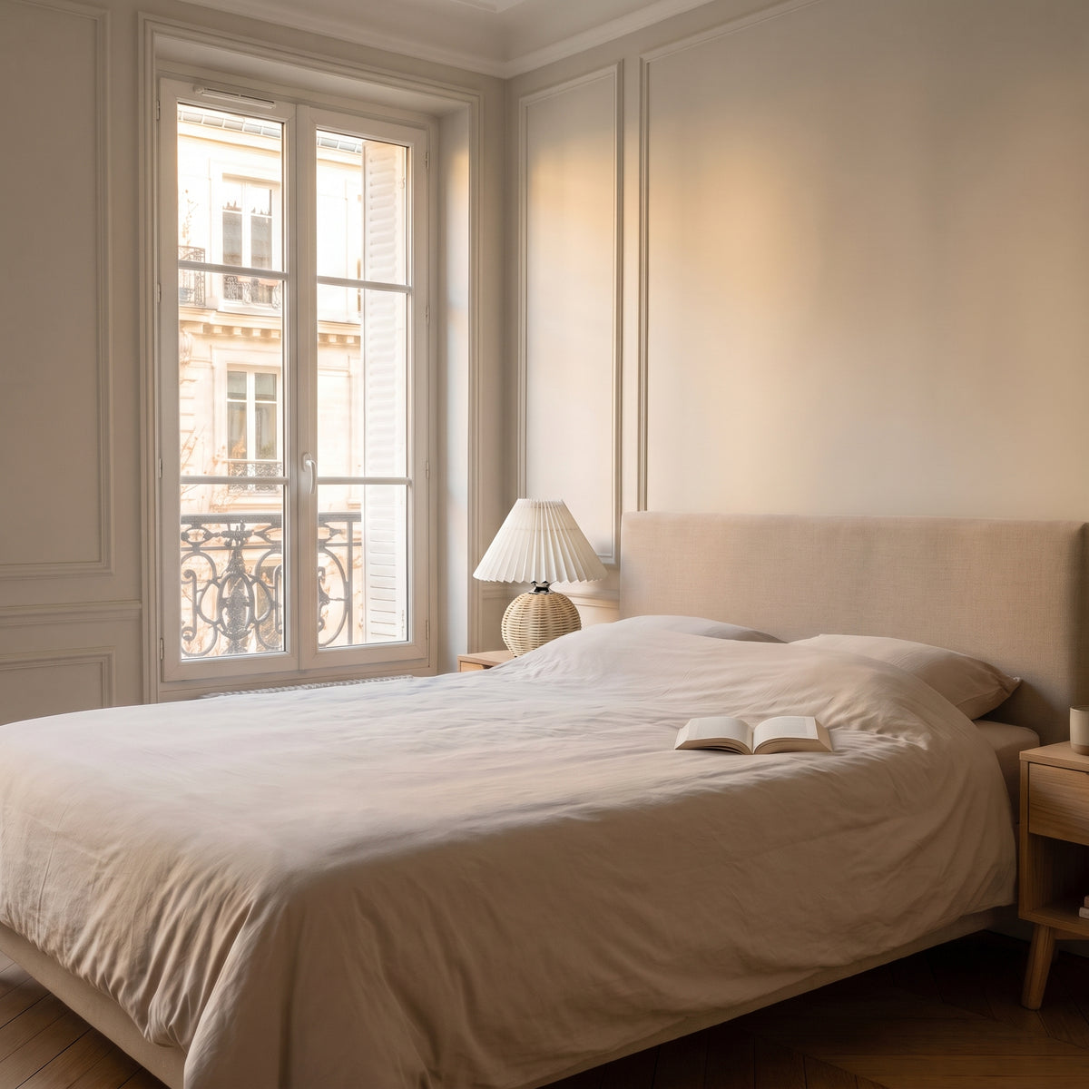 Lampe de chevet en rotin éteinte près d'un lit fait