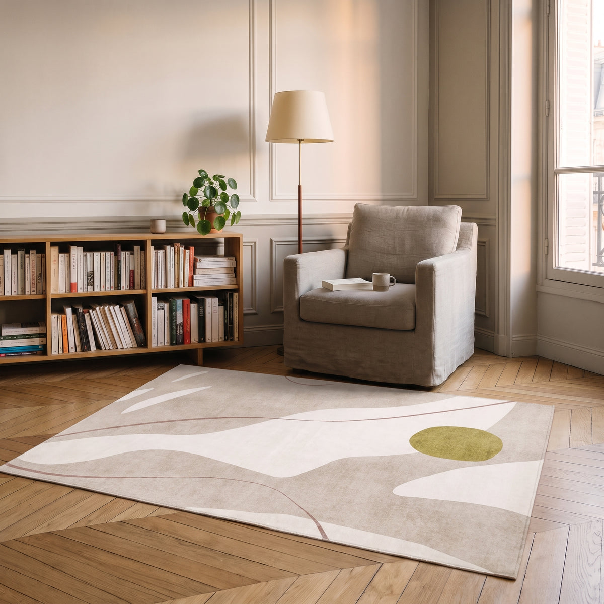 Tapis à courbes grises dans un coin lecture