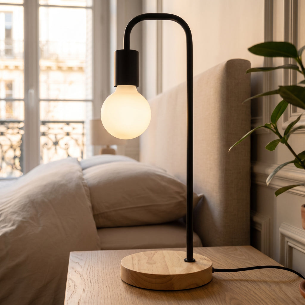 Socle en bois clair, tige de métal noir et globe dépoli de la lampe Edison
