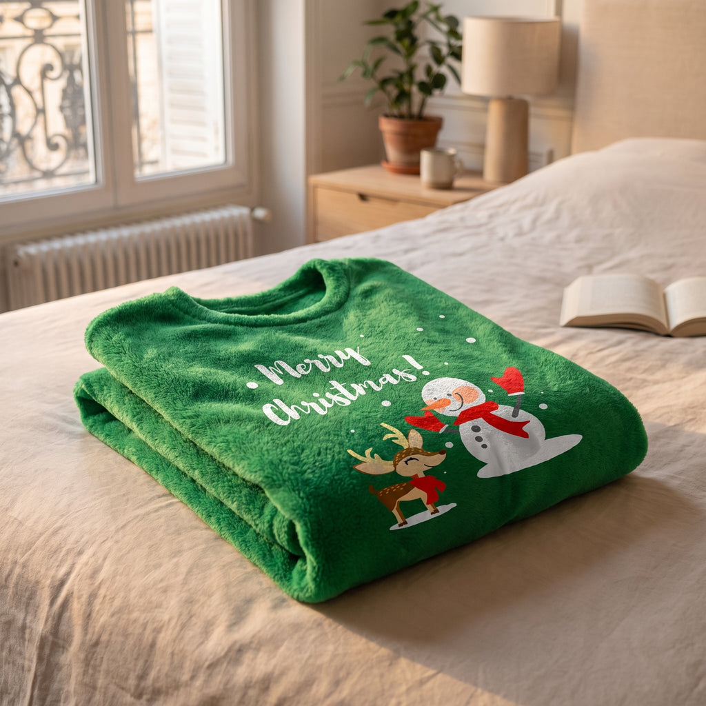 Détail du haut du pyjama de Noël homme vert, col rond et motif