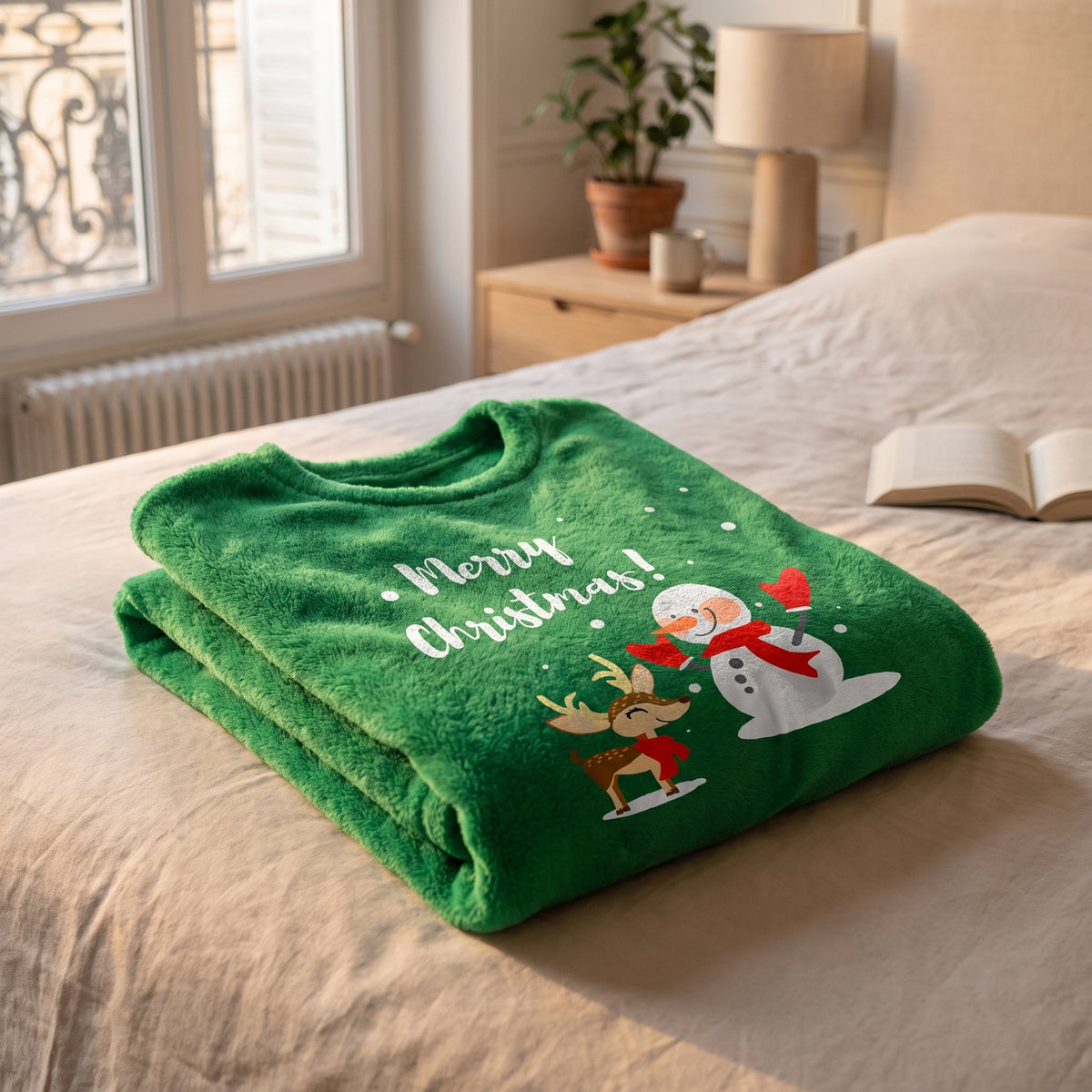 Détail du haut du pyjama de Noël homme vert, col rond et motif