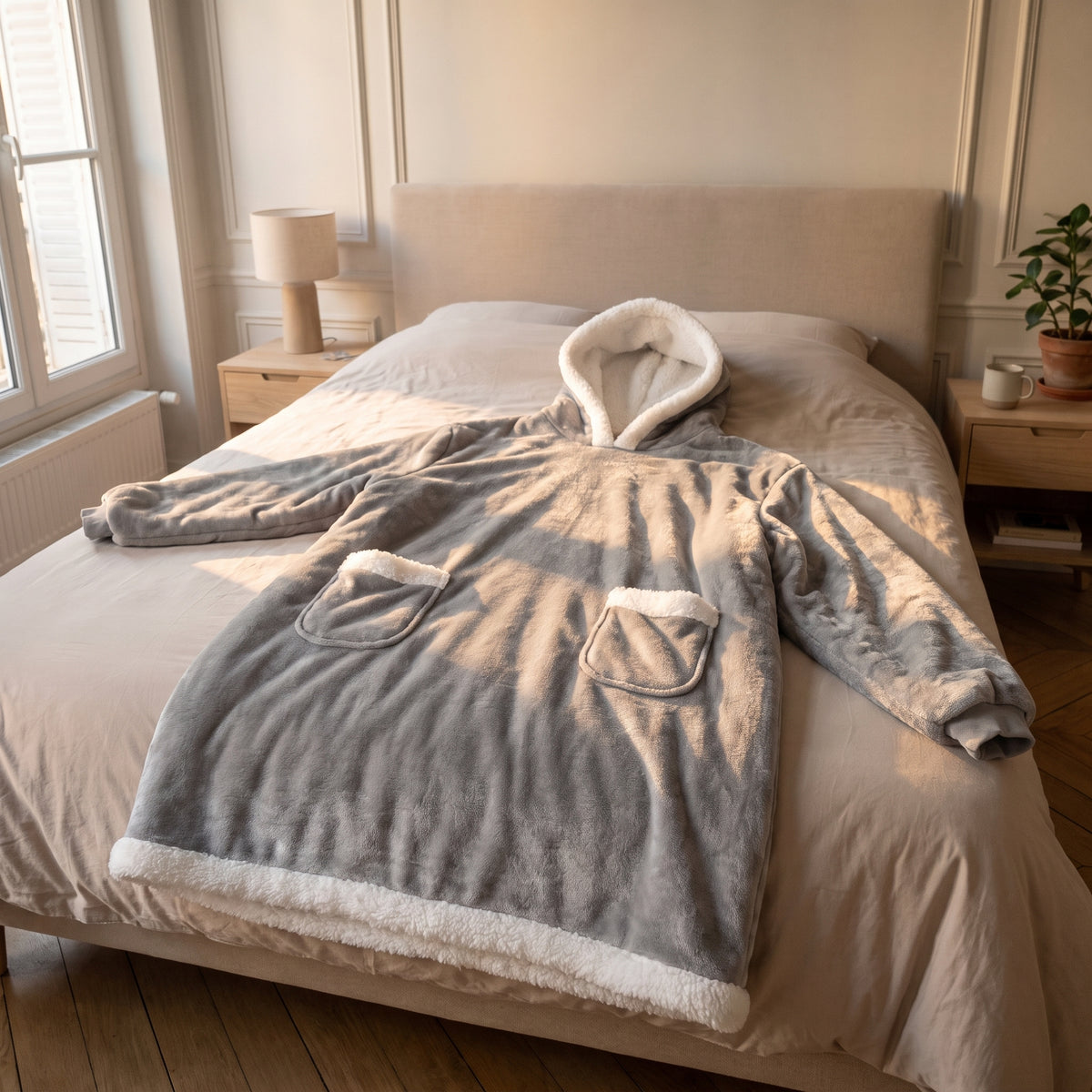 Plaid à manches long gris clair déployé sur un lit