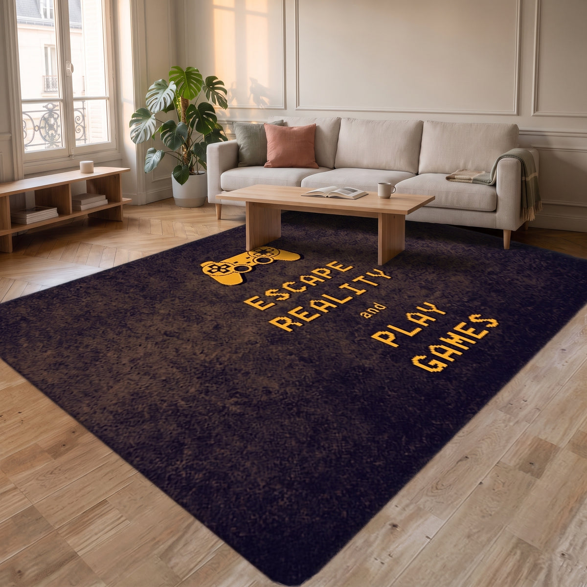 Tapis gaming sombre à inscription Escape Reality dans un salon