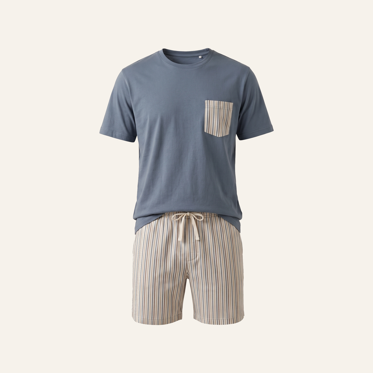 Pyjashort homme bleu gris à rayures sur mannequin invisible et fond uni
