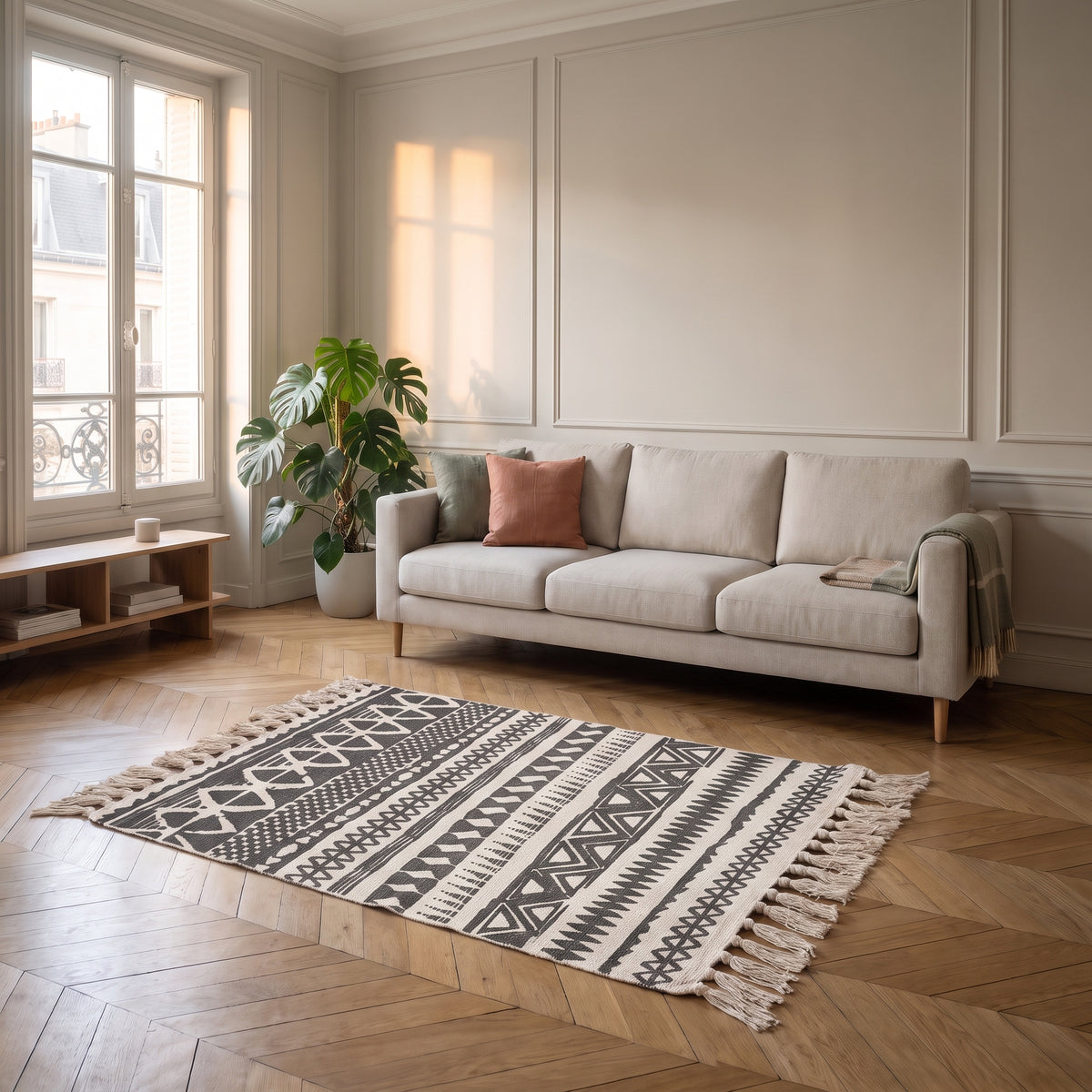 Tapis bohème gris au pied d’un lit