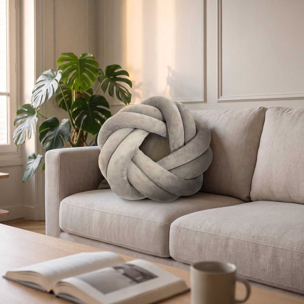 Coussin tressé donut gris posé sur l'assise d'un canapé
