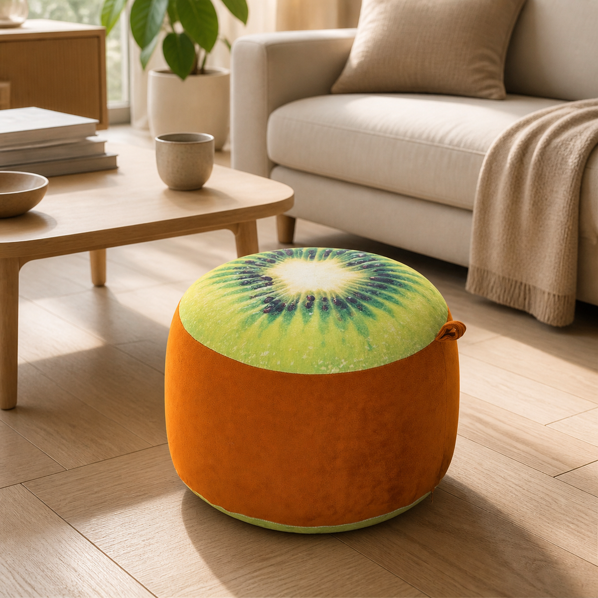 Pouf gonflable kiwi près d'une table basse