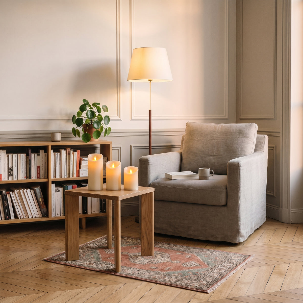 Les trois bougies LED sur la table d'appoint du coin lecture, à côté du fauteuil