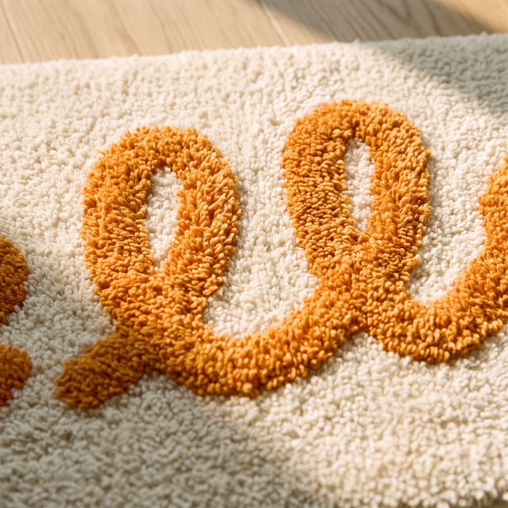 Détail du velours tufté du tapis Hello, lettrage orange en relief sur fond crème