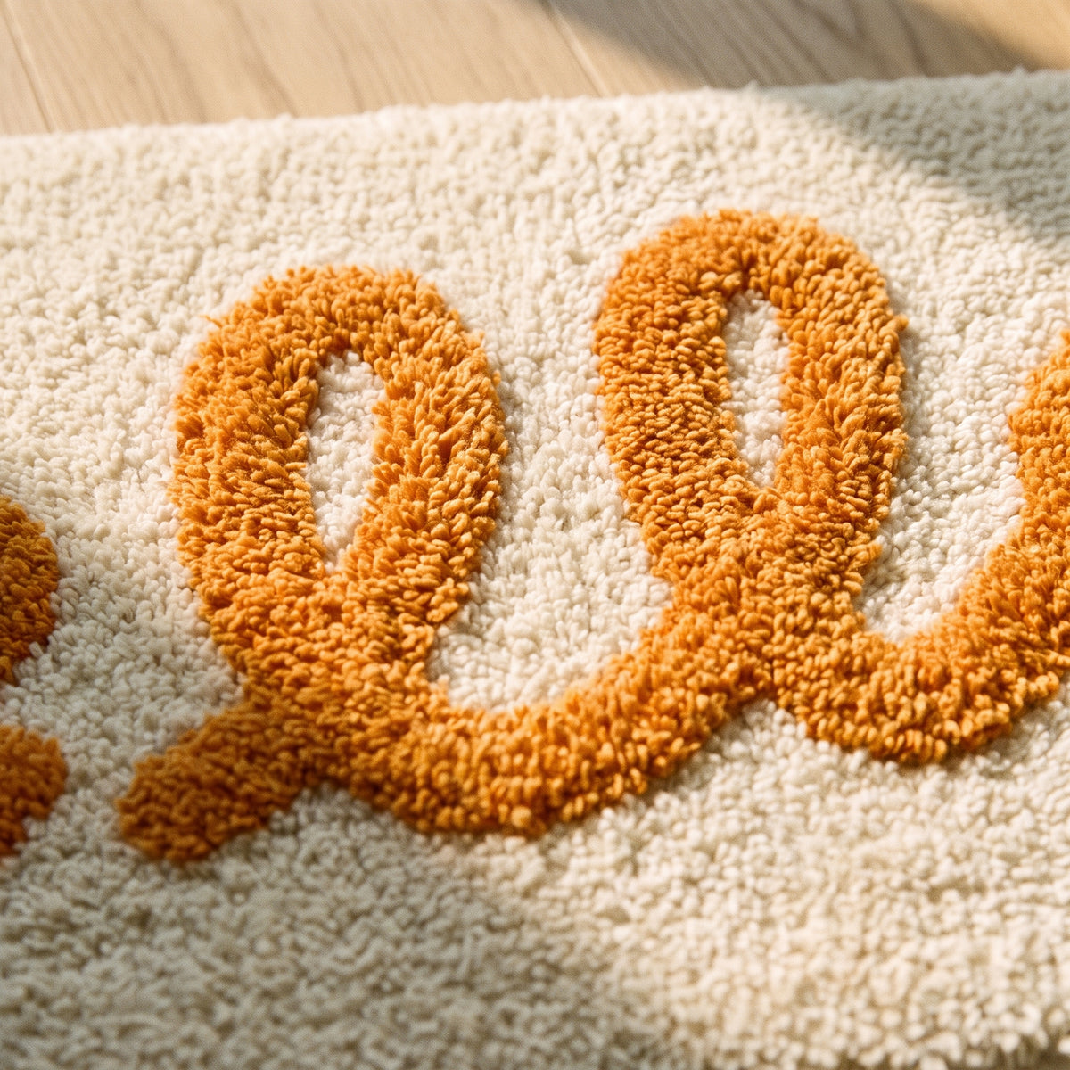 Détail du velours tufté du tapis Hello, lettrage orange en relief sur fond crème