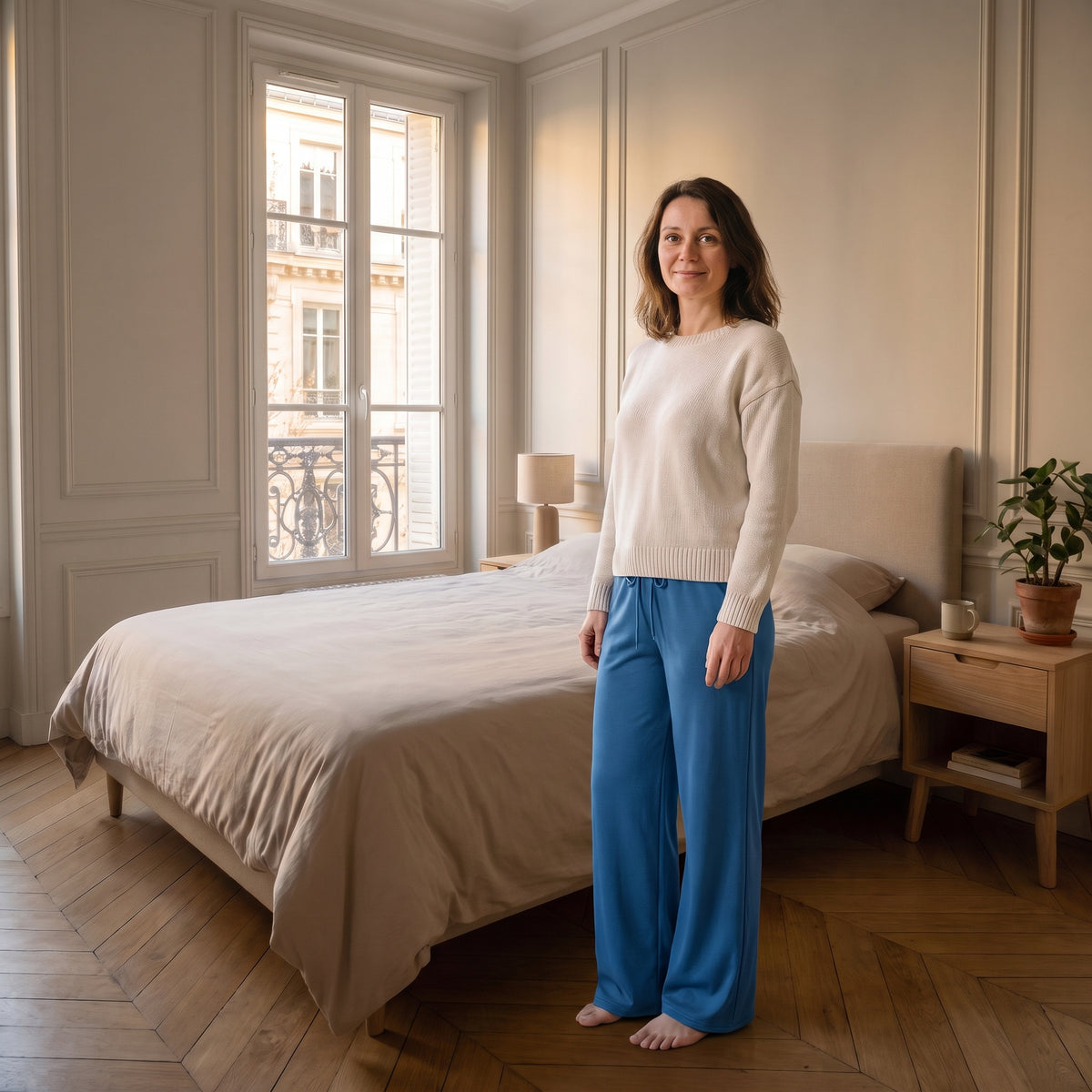 Jogging femme grande taille bleu à jambe large porté dans une chambre