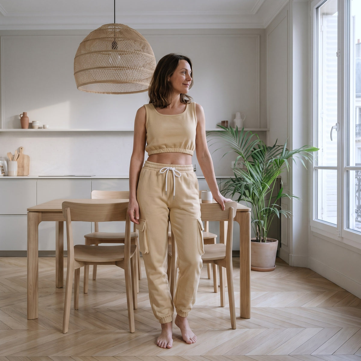 Ensemble d'intérieur femme jaune, débardeur court et pantalon de jogging, porté dans un coin repas