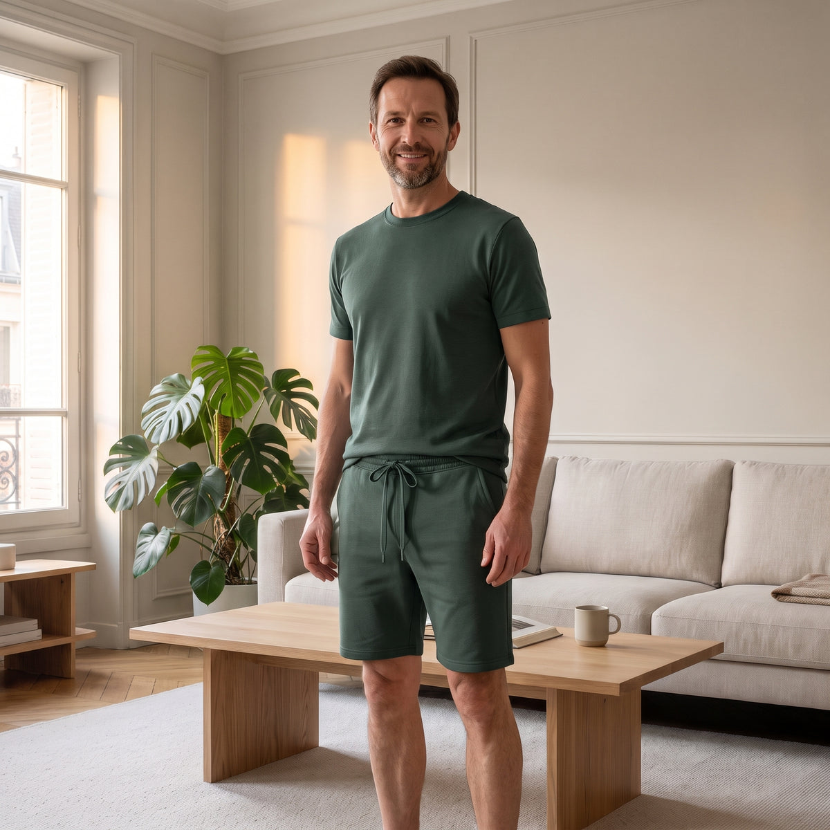 Ensemble d'été homme vert, t-shirt à col rond et short, porté dans un salon