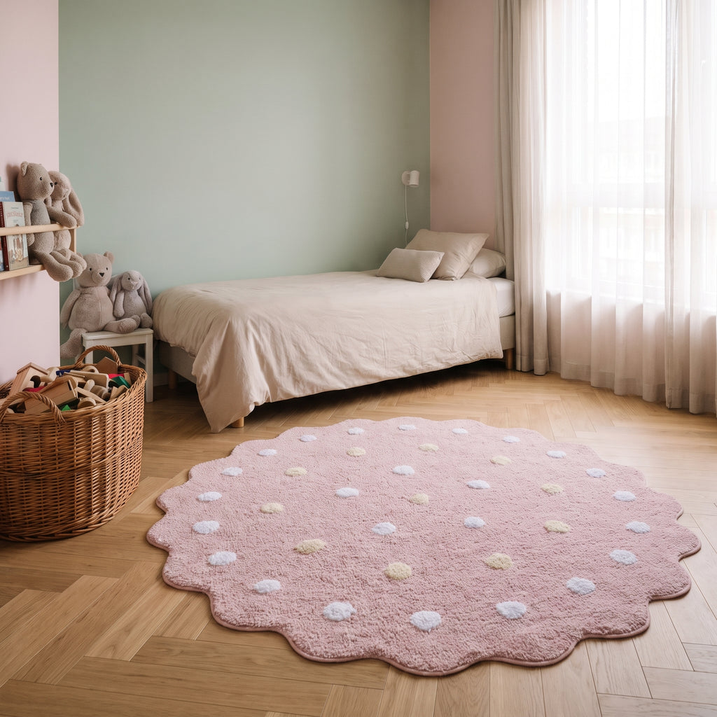 Tapis rond à pois vieux rose posé au sol dans une chambre d'enfant