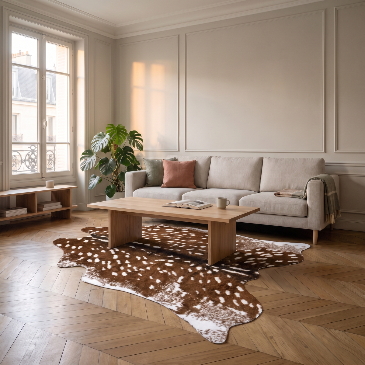 Tapis motif peau de cerf sous une table basse