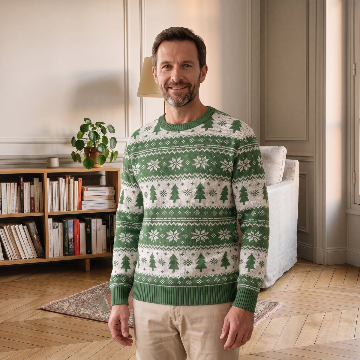 Pull de Noël homme vert clair à sapins porté debout dans un coin lecture