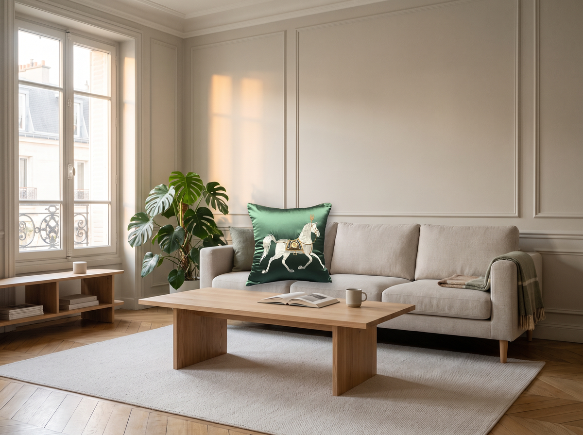 Coussin vert au cheval blanc sur un canapé clair