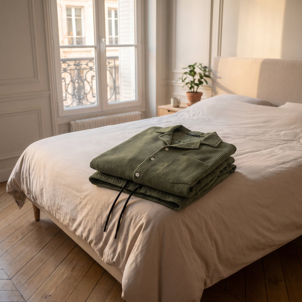 Ensemble velours côtelé vert plié en pile