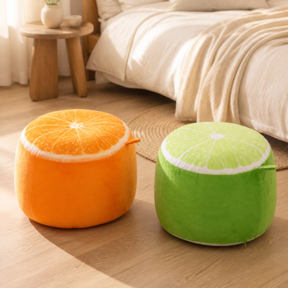 Poufs gonflables orange et citron dans une chambre
