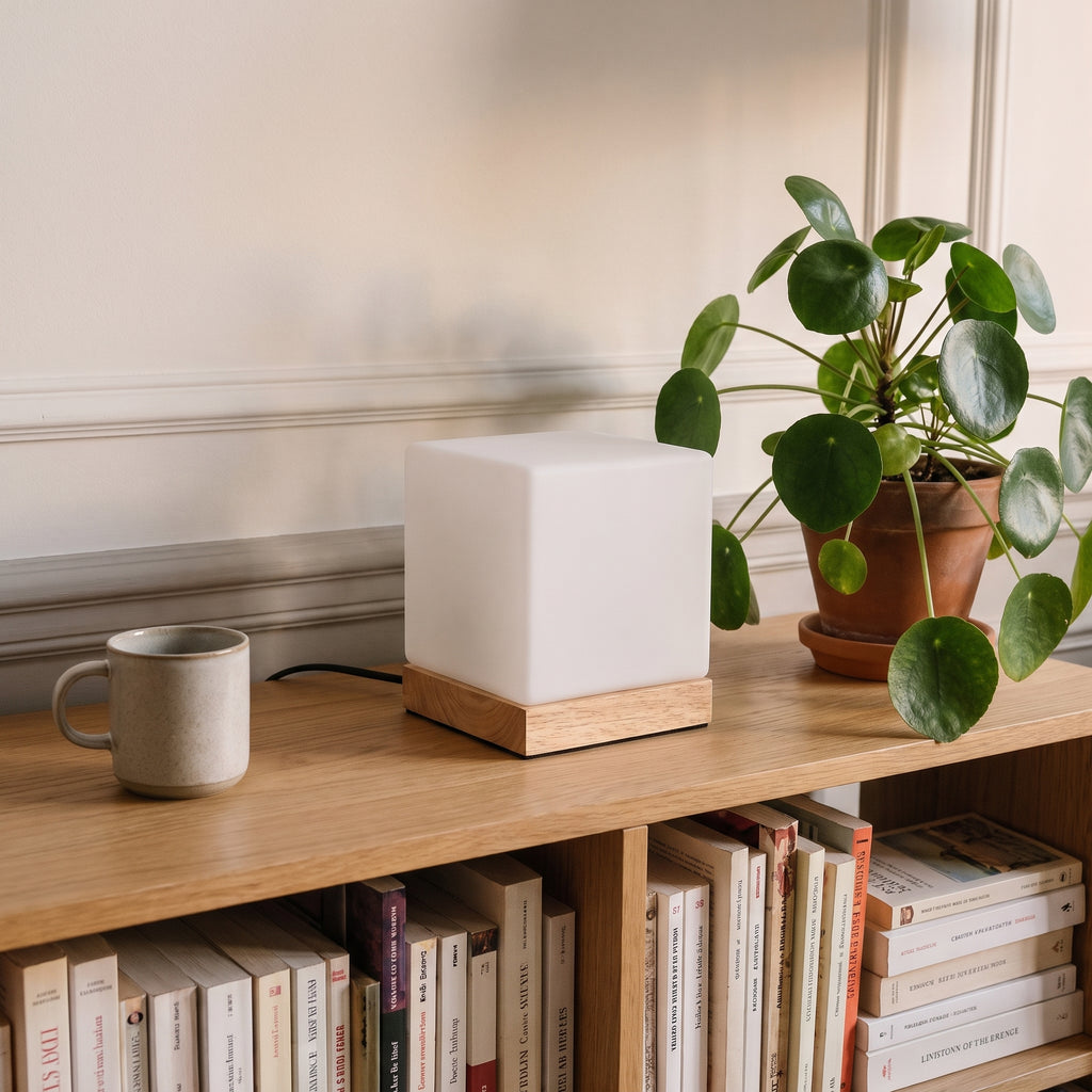 Lampe de chevet cube en bois posée sur une bibliothèque basse
