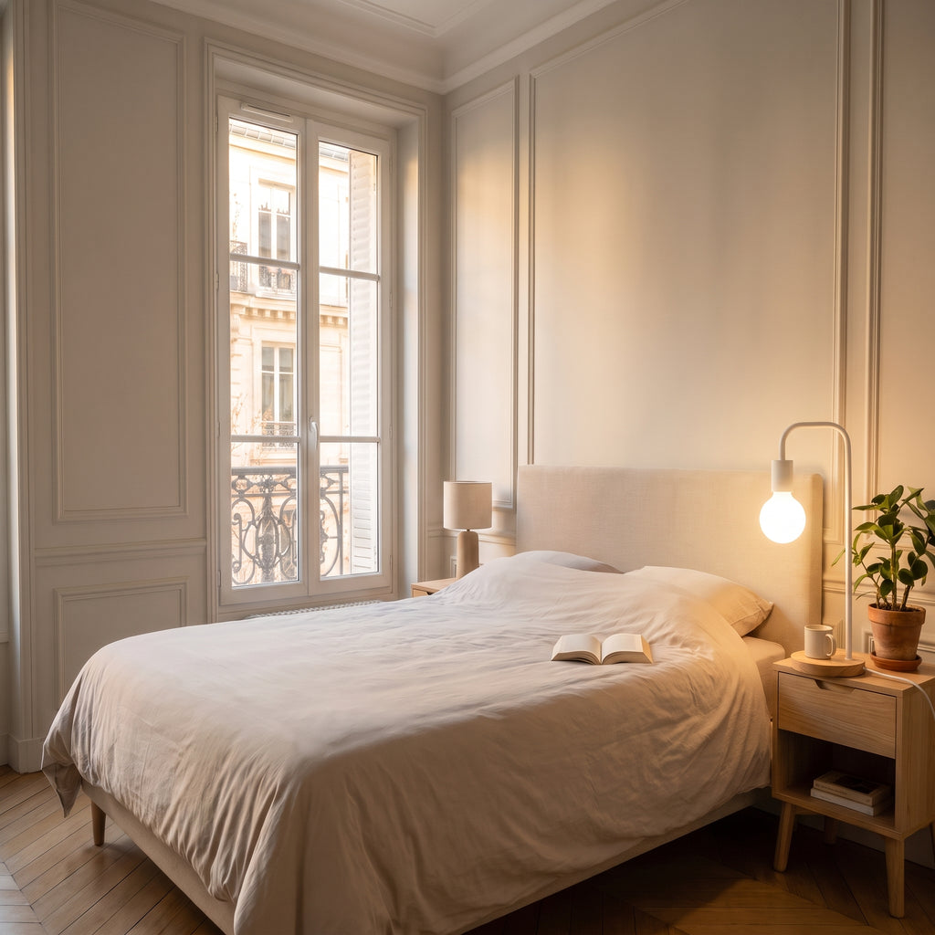 Lampe Edison blanche au globe dépoli, allumée, vue à l'échelle de la chambre