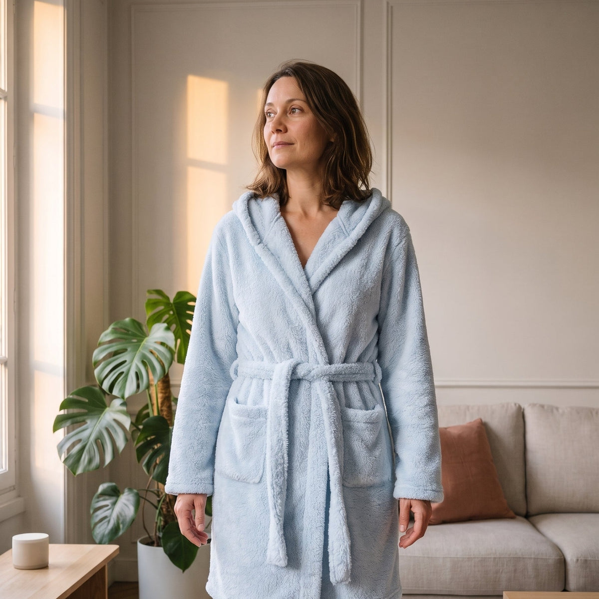 Robe de chambre courte bleu ciel à capuche portée dans un salon lumineux