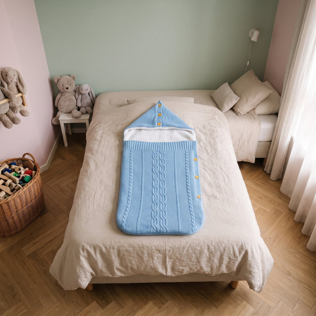 Gigoteuse bébé en tricot bleu posée sur un lit d'enfant