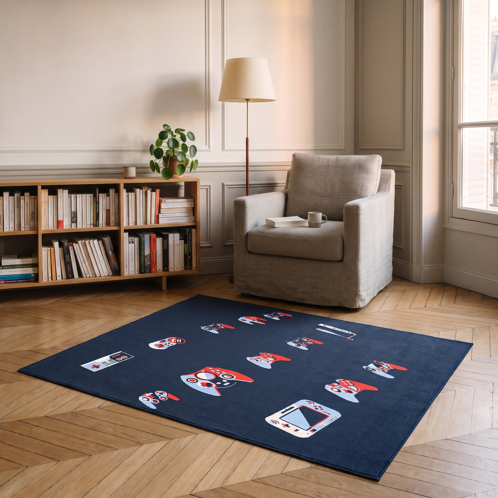 Tapis gaming bleu à collection de manettes dans un coin lecture