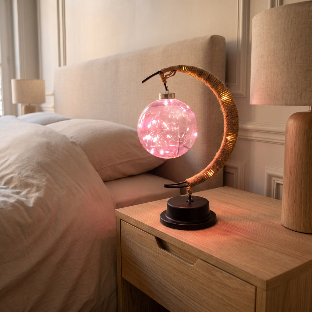 Lampe croissant de lune allumée en rose sur la table de chevet.
