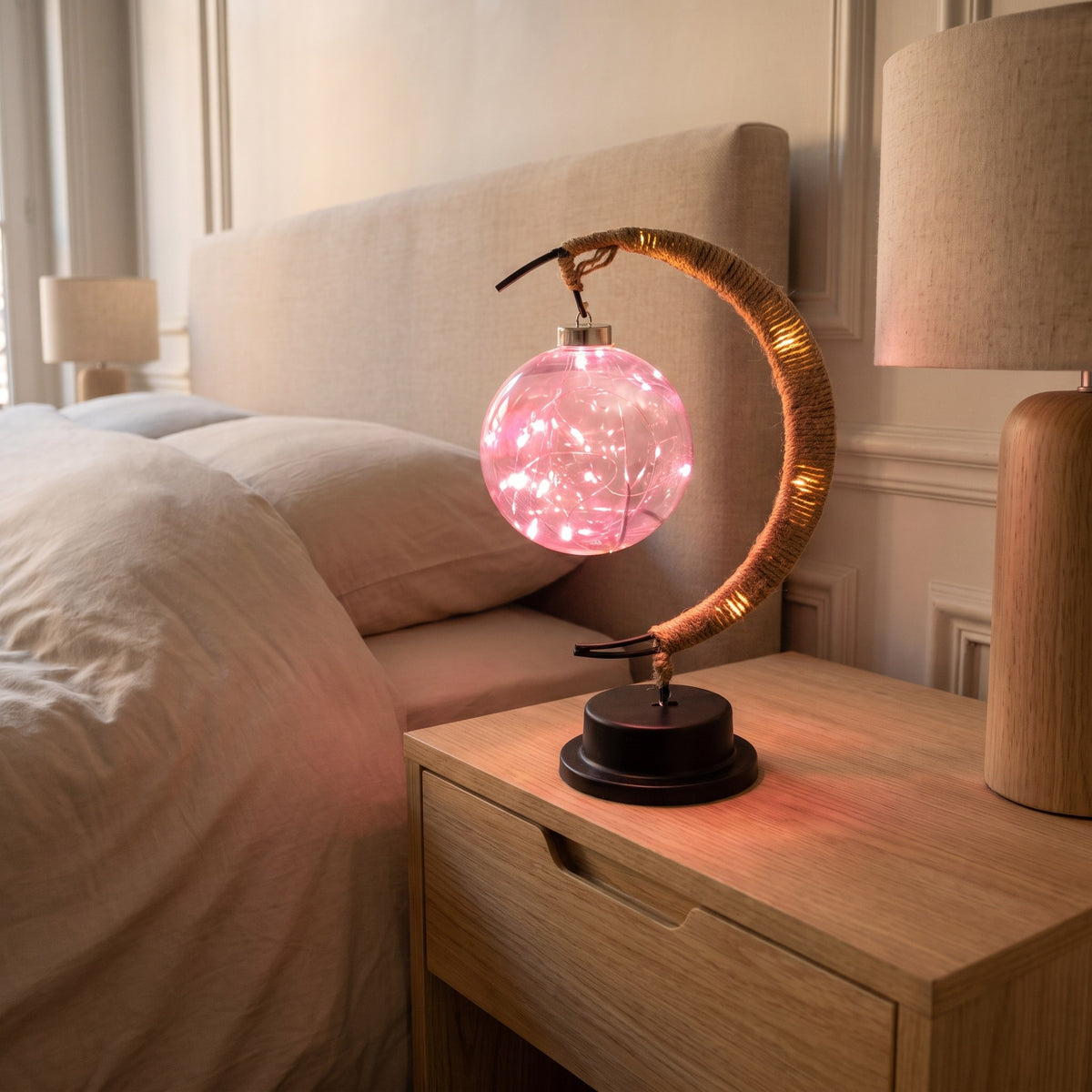 Lampe croissant de lune allumée en rose sur la table de chevet.