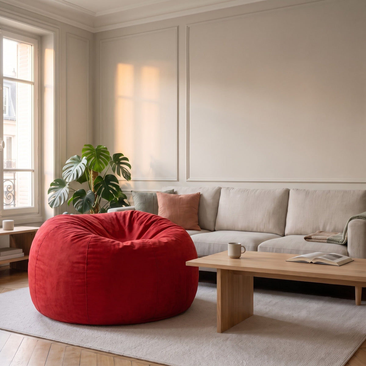 Pouf géant rouge vu de trois quarts, la large cuvette du dessus visible