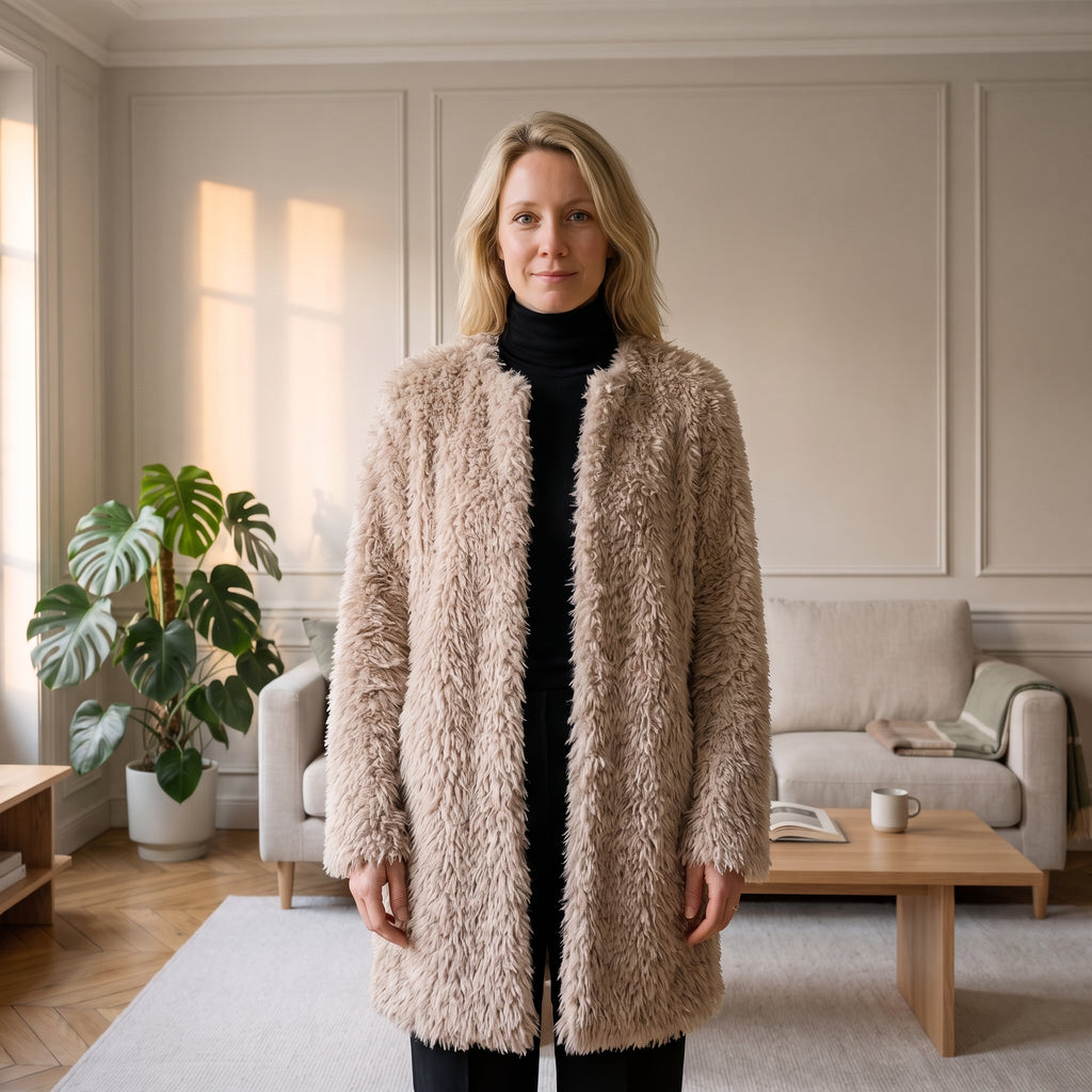 Vue de face de l’ouverture droite du manteau mi-long beige à poils