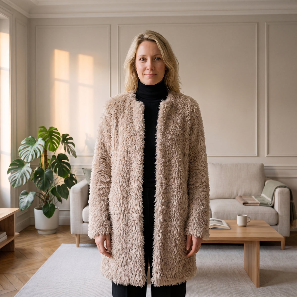 Vue de face de l’ouverture droite du manteau mi-long beige à poils