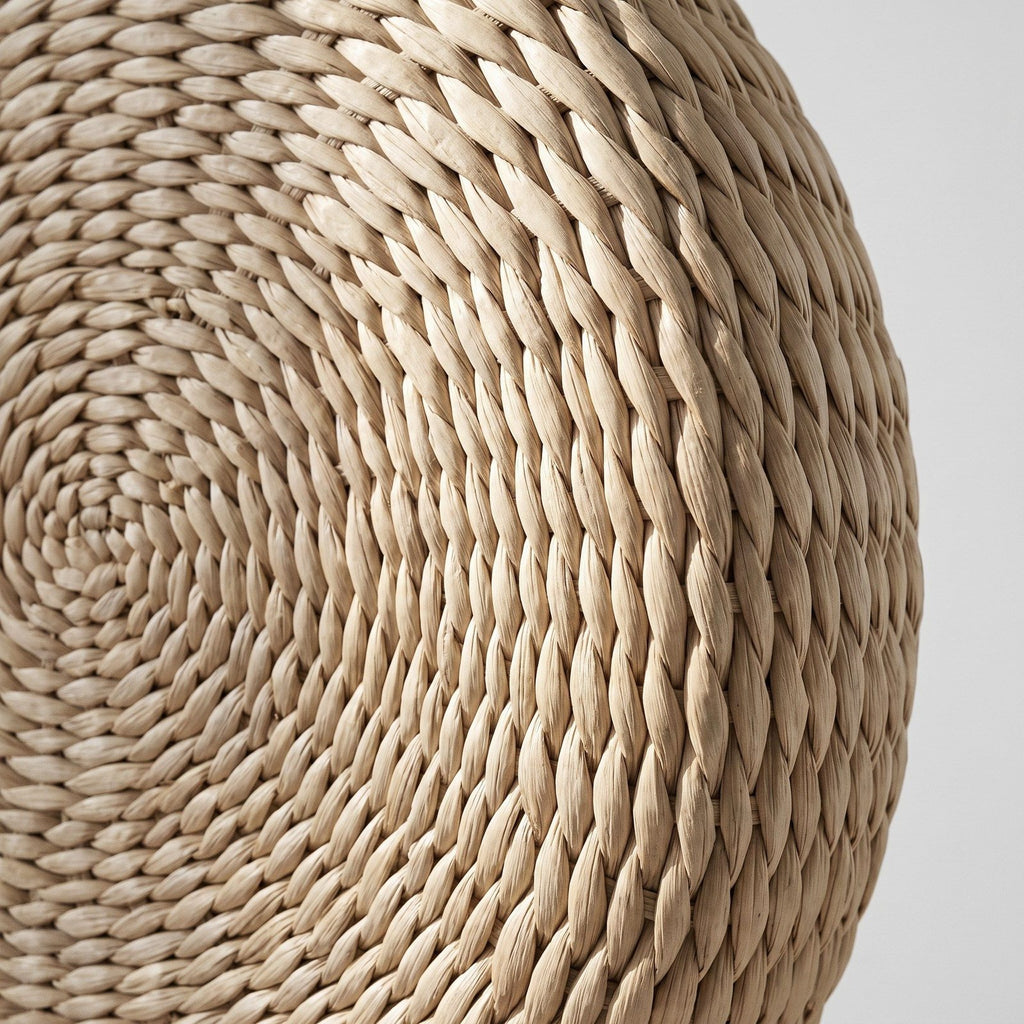 Détail du cordon de paille enroulé en spirale sur le dessus du coussin