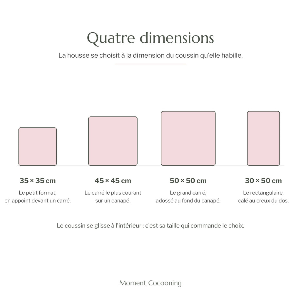 Les quatre dimensions de la housse comparées à l'échelle, de 35 × 35 cm à 50 × 50 cm