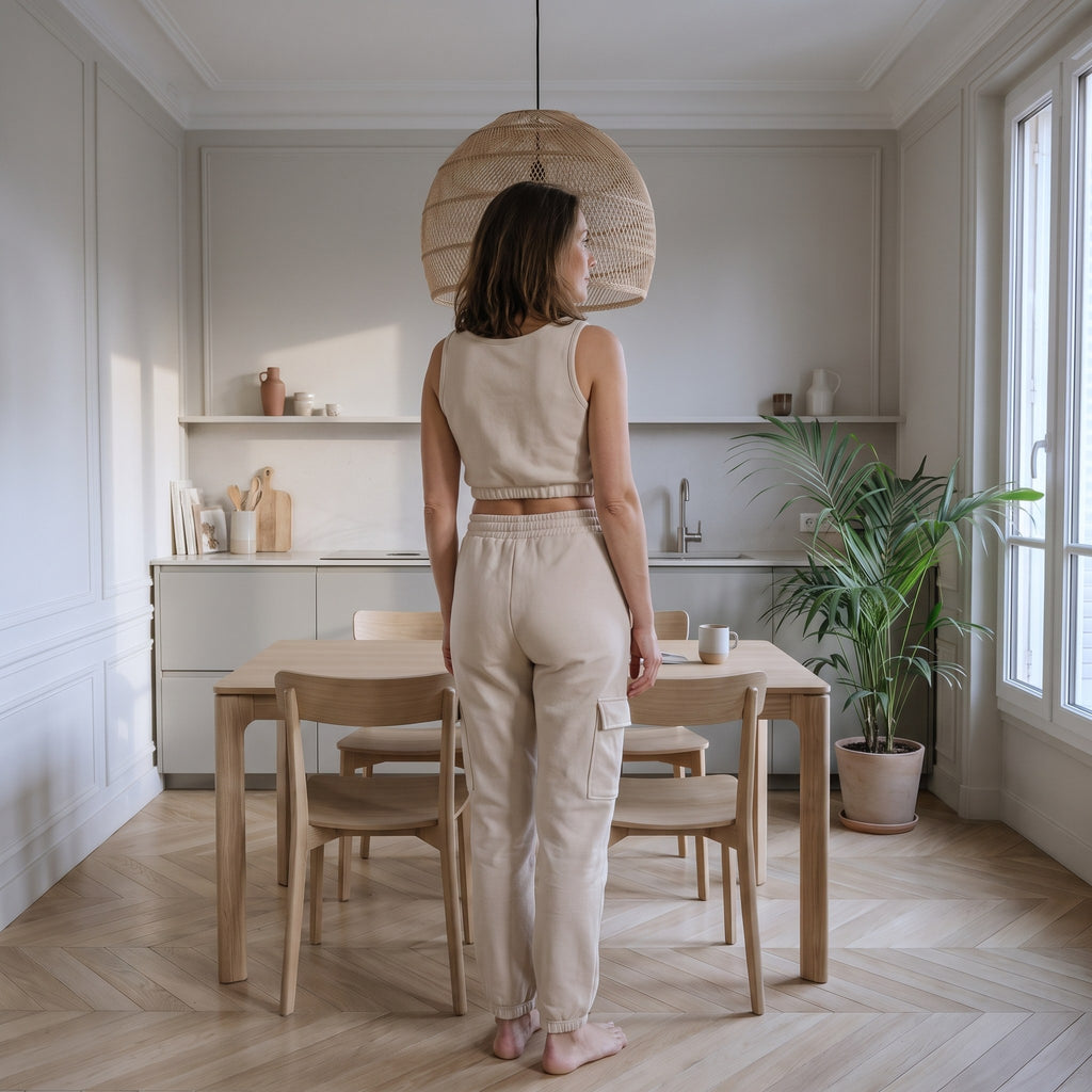 Dos de l'ensemble beige, dos plein du débardeur et ceinture élastique du pantalon