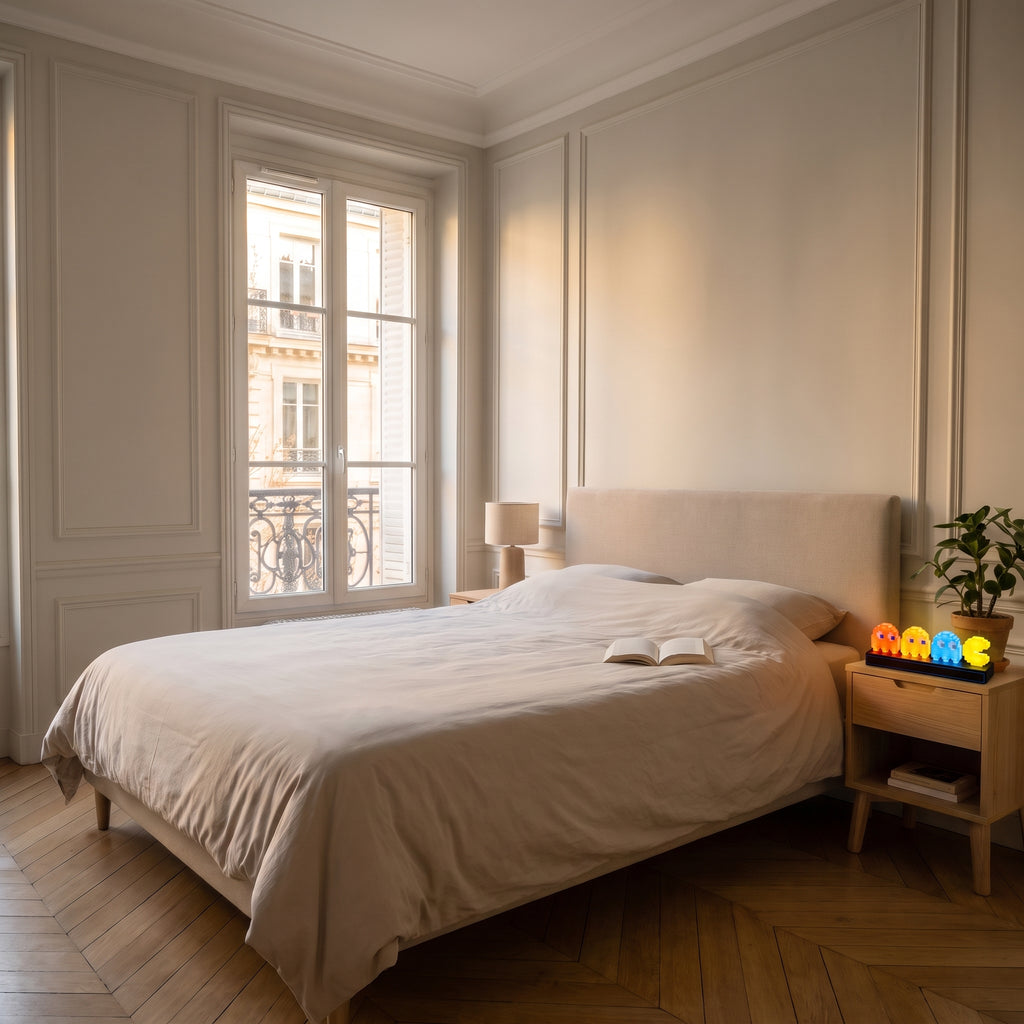 Lampe LED pixel Pac Man allumée sur la table de chevet, vue à l'échelle de la chambre
