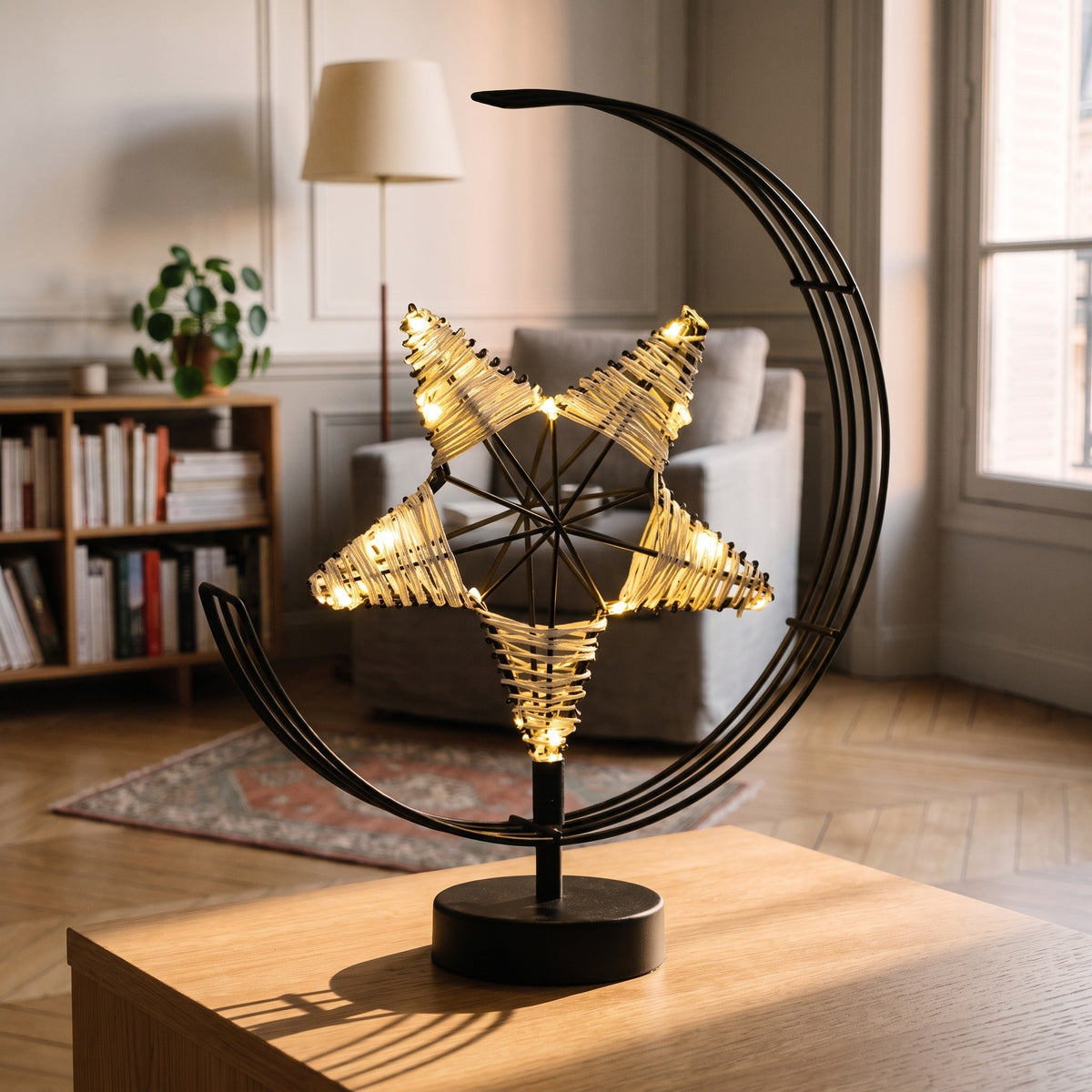 Lampe étoile noire allumée à côté d'un fauteuil de lecture dans un coin de pièce