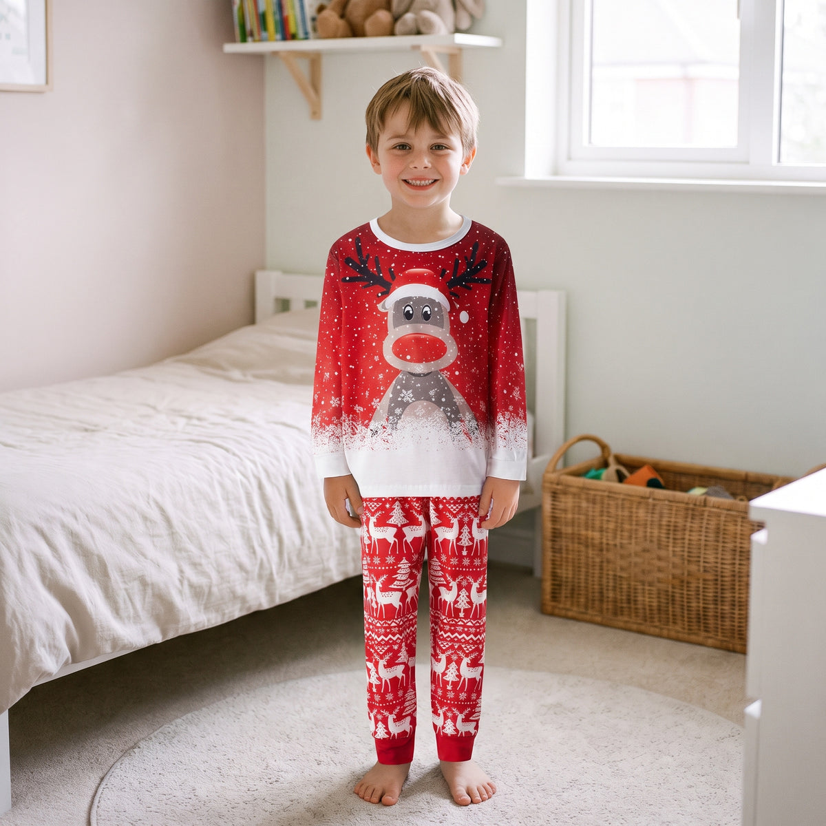 Pyjama de Noël rouge à renne porté par un enfant, modèle enfant