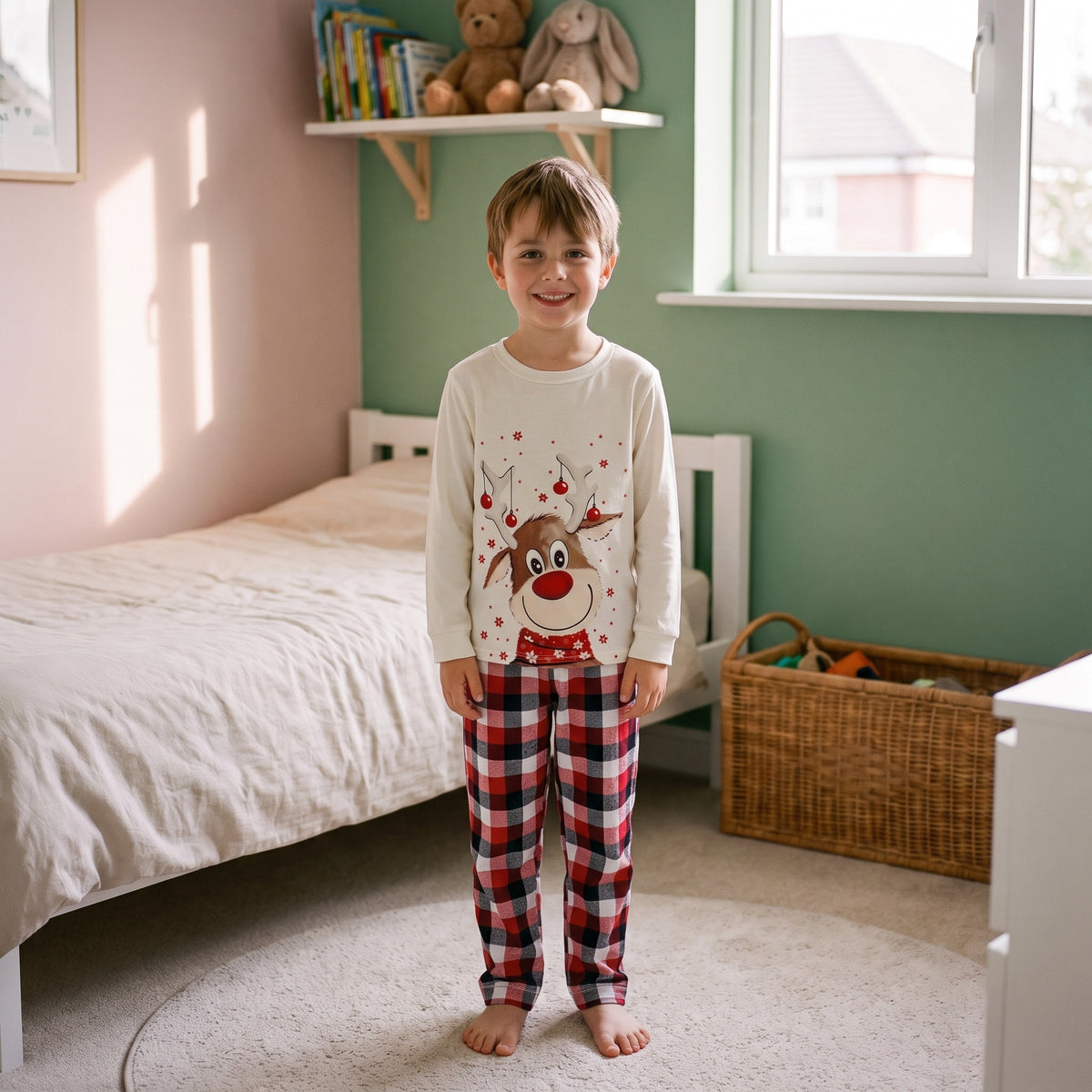 Pyjama de Noël renne et carreaux porté par un enfant, modèle enfant