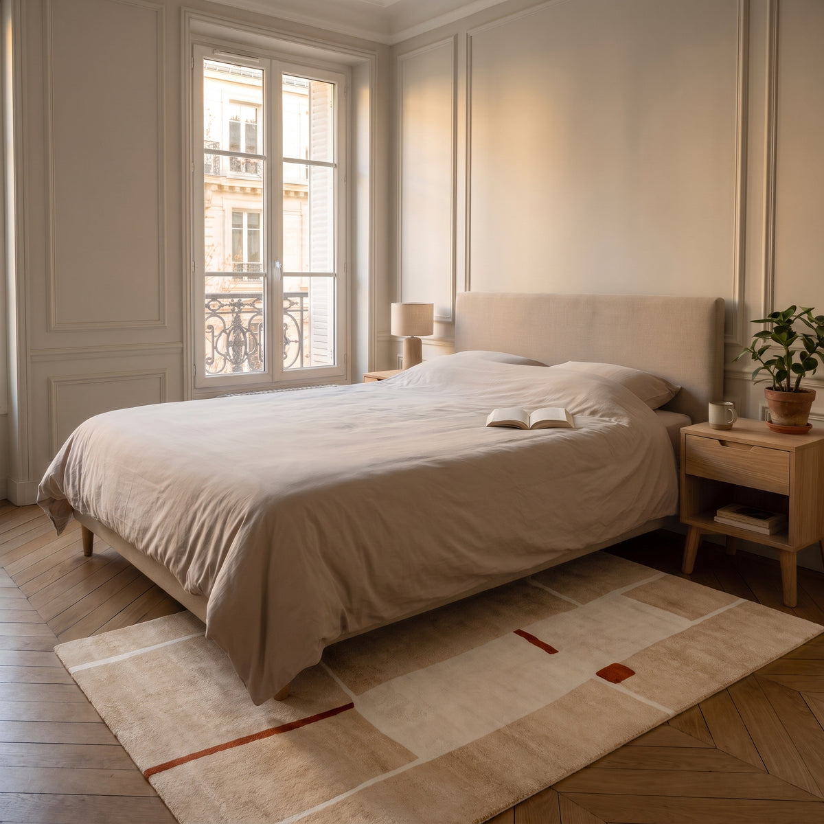 Tapis à grille beige au pied d’un lit