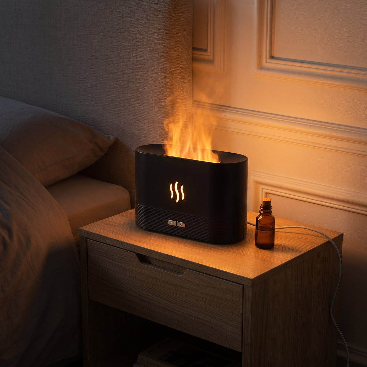 Diffuseur noir et flacon d'huile essentielle sur une table de nuit