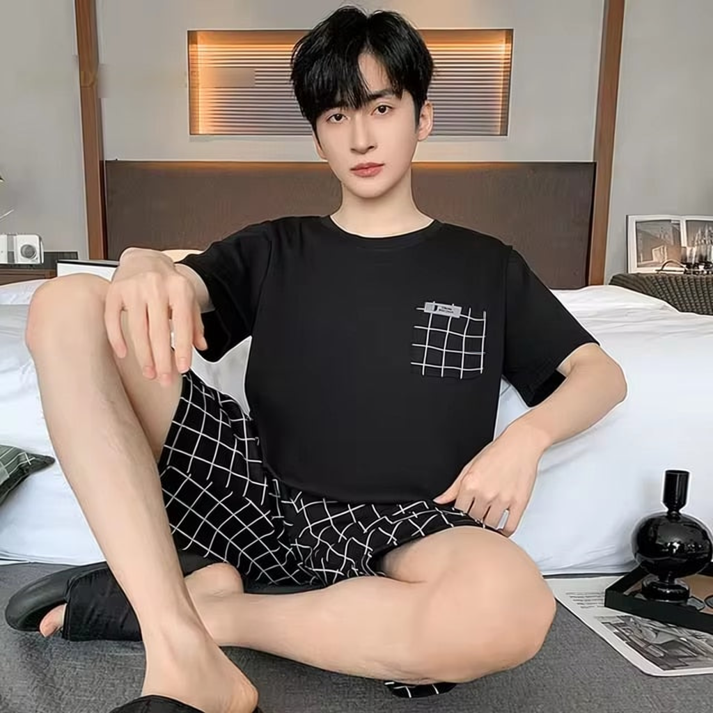 Pyjama d'été homme graphique noir et gris, modèle Noir quadrillage blanc