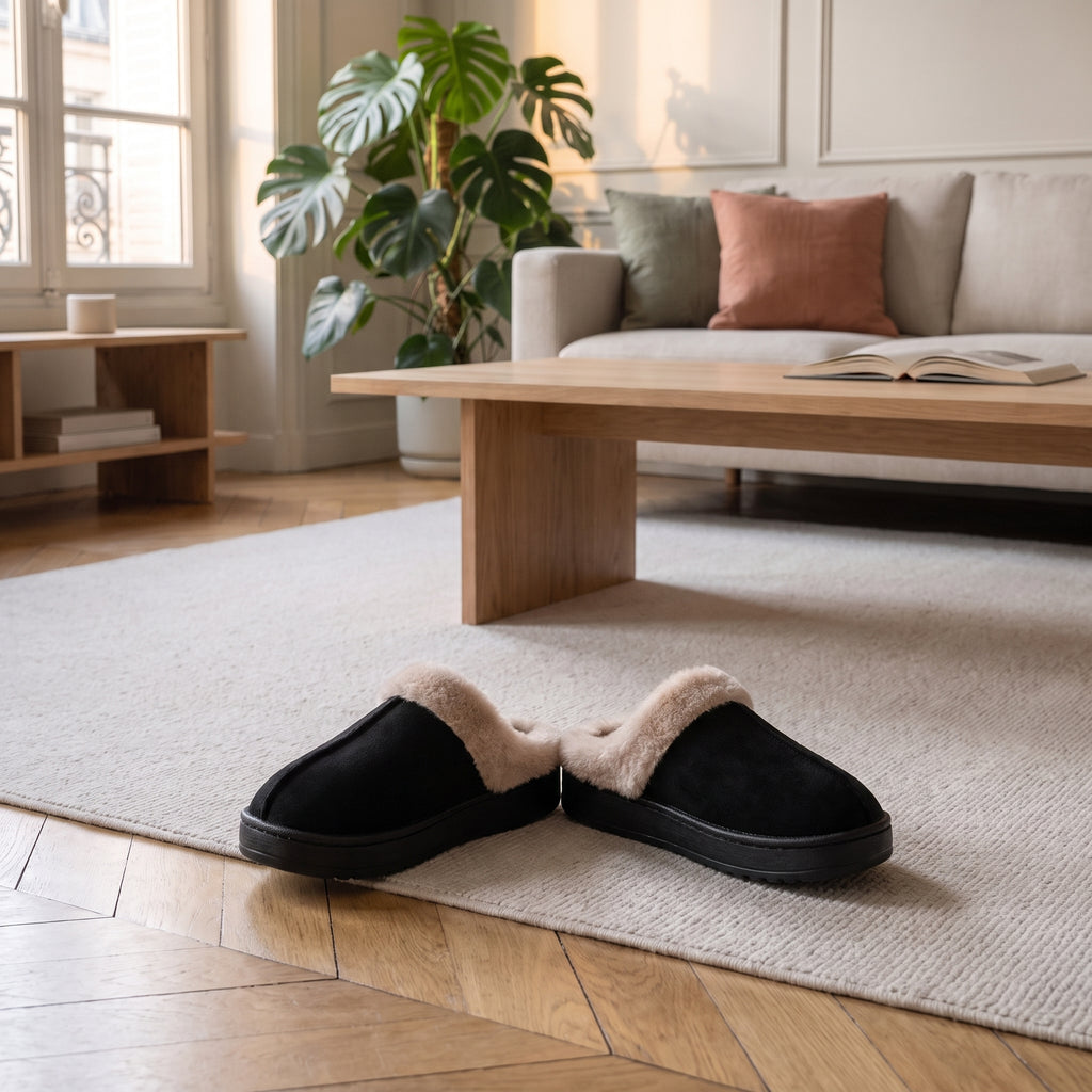 Mules fourrées Noir posées sur le parquet du salon